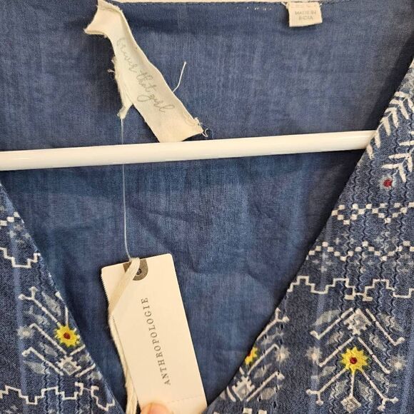 Anthropologie ForeverThat Girl Embroidered Blue Floral Smocked Waist Blouse Boho - Picture 5 of 9